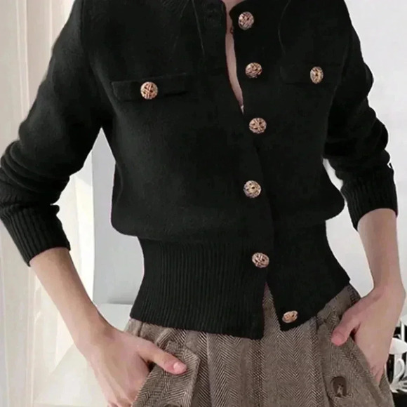 Black Casual Women's Long Sleeve Knit Ribbed Button Round Neck Cardigan - Picture 3 of 5